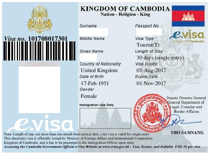 Muestra de visa electrónica de Camboya